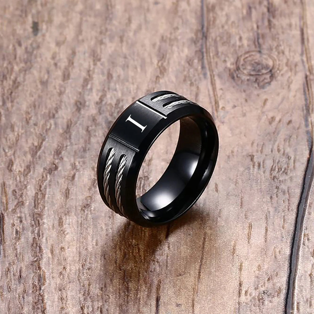 Black Letter Initial Ring — Stainless Steel