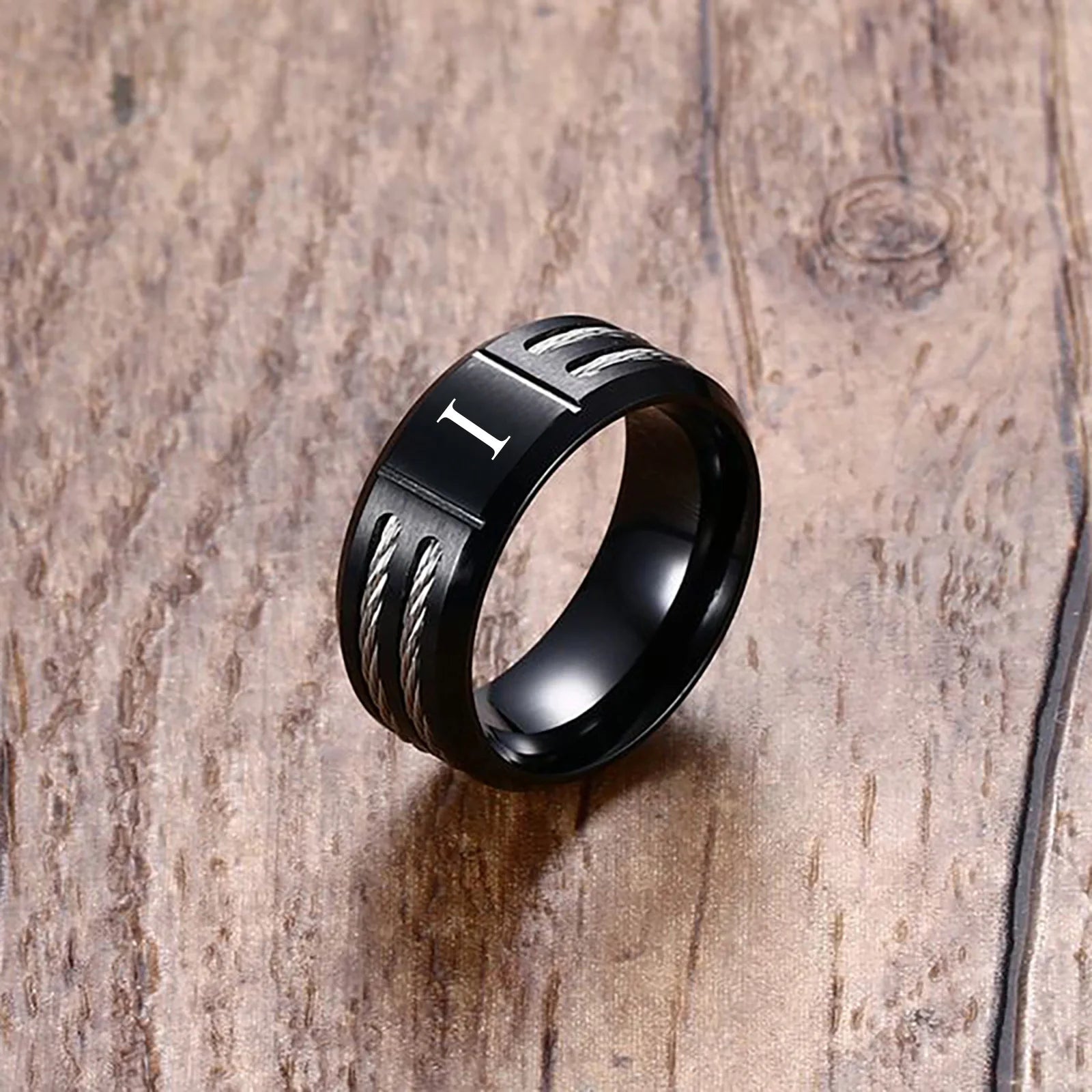 Black Letter Initial Ring — Stainless Steel