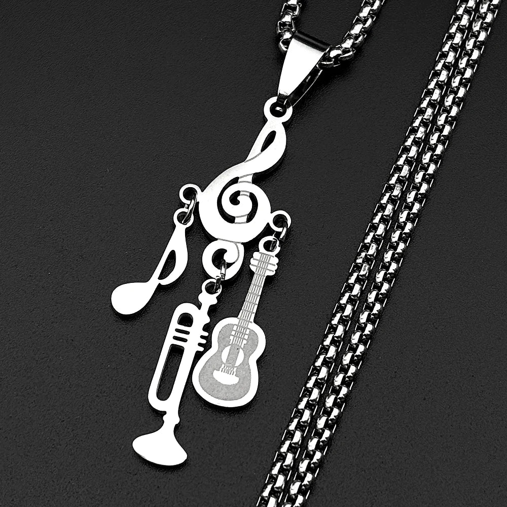 Treble Clef Pendant Necklace For Musicians Music Note Guitar Trumpet Charms Stainless Steel Chain Rock Hiphop Jewelry