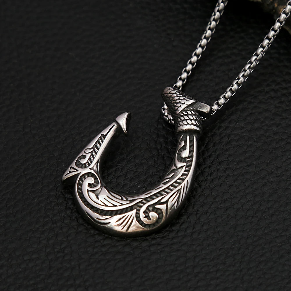 Tribal Swirl Fish Hook Stainless Steel Pendant Necklace Coastal Protective Marine Themed  Men Fishing Beach Casual Holiday Gift