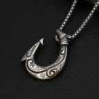 Tribal Swirl Fish Hook Stainless Steel Pendant Necklace Coastal Protective Marine Themed  Men Fishing Beach Casual Holiday Gift