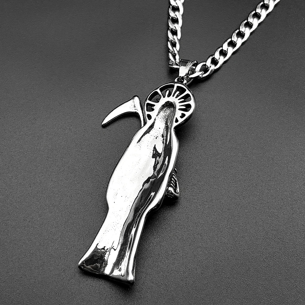 Holy Saint Death Santa Muerte Grim Reaper Pendant Necklace for Women Men Stainless Steel Silver Color Sickle Skull Jewelry Gift