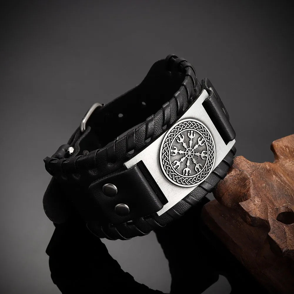 New Retro Wide Leather Nordic Rune of Odi Bracelet Men's Bracelet Celtic Viking Jewelry Bracelet Accessories Party Gifts