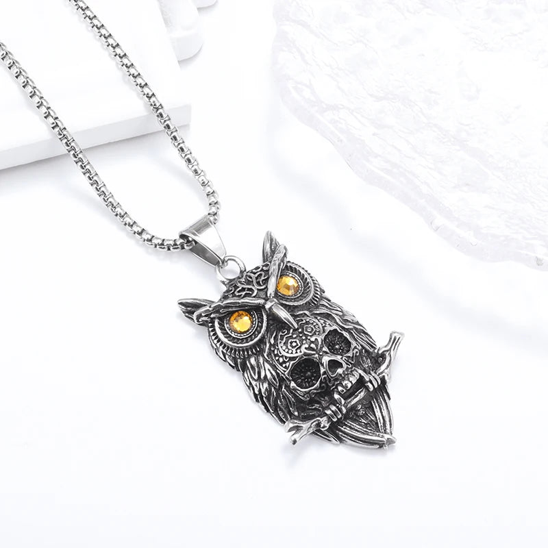 Gothic Style Owl Skull Pendant Necklace for Personalized Men's Retro Motorcycle Rider Party Jewelry Accessories