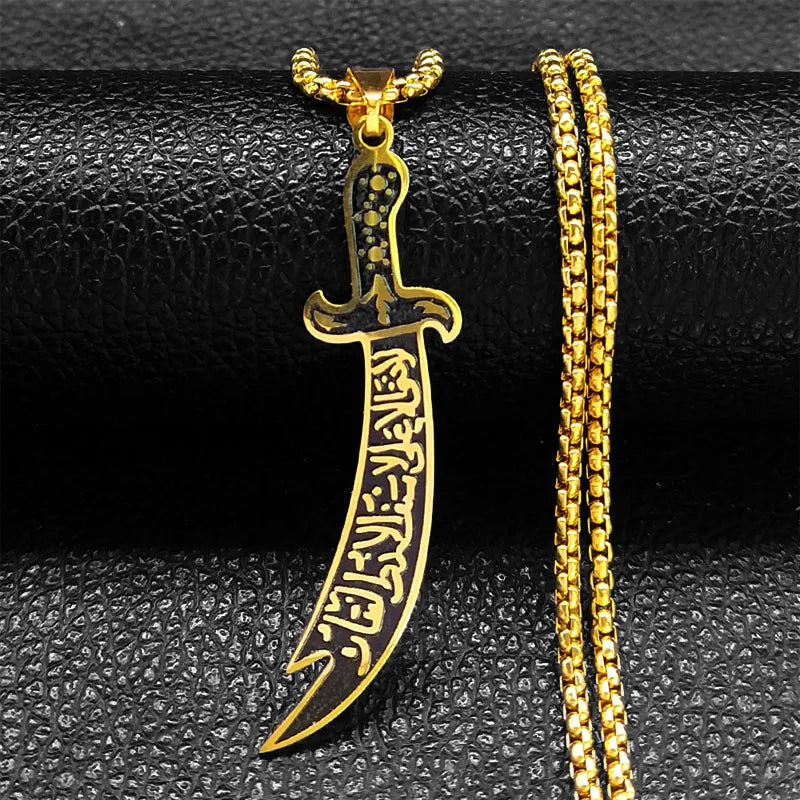 Islam Broadsword Stainless Steel Chain Necklaces Gold Color Long Necklace Pendant Men Jewelry colier homme N437S05