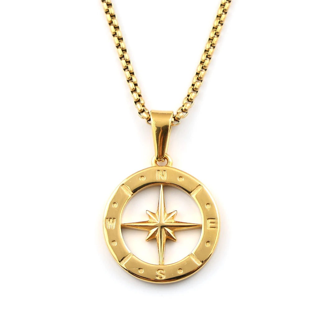 Hollow North Star Round Compass Pendant Necklace for Women Men Stainless Steel Gold Silver Color Chain Necklaces Jewelry Gifts