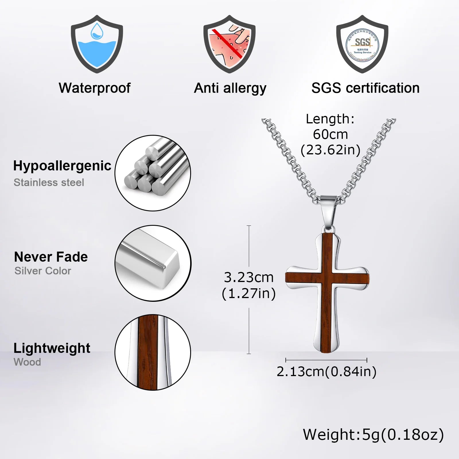 Wood Cross Silver Pendant Necklace — Stainless Steel