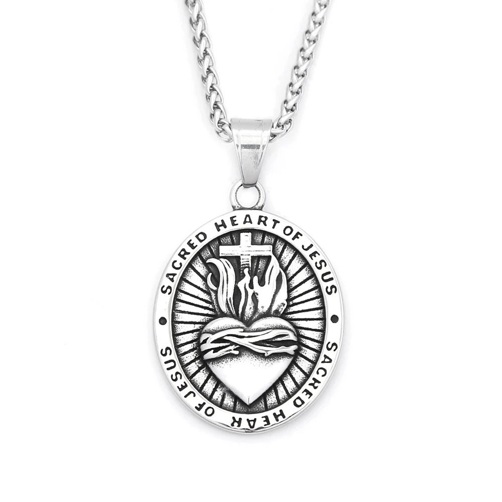 Men's Heart of Jesus Pendant Necklace For Men Women 316L Stainless Steel Religious Cross Amulet Jewelry Gifts Fashion
