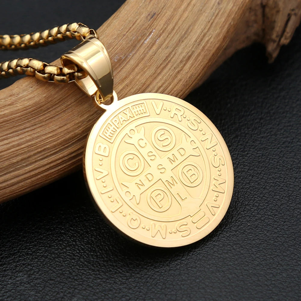 Catholic 316L Stainless Steel Saint Benedict Cross Pendant Necklaces For Men Women Religious Exorcism Prayer Jewelry