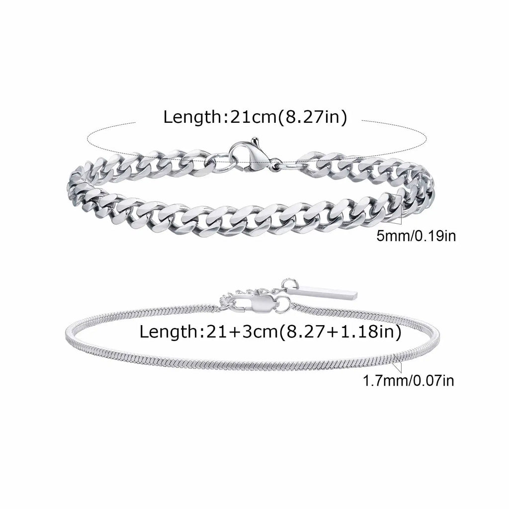 Vnox 2pcs/Set Cuban Figaro Rope Snake Chain Bracelet Set for Men Boys, Gold Black Silver Color Stainless Steel Wristband Jewelry