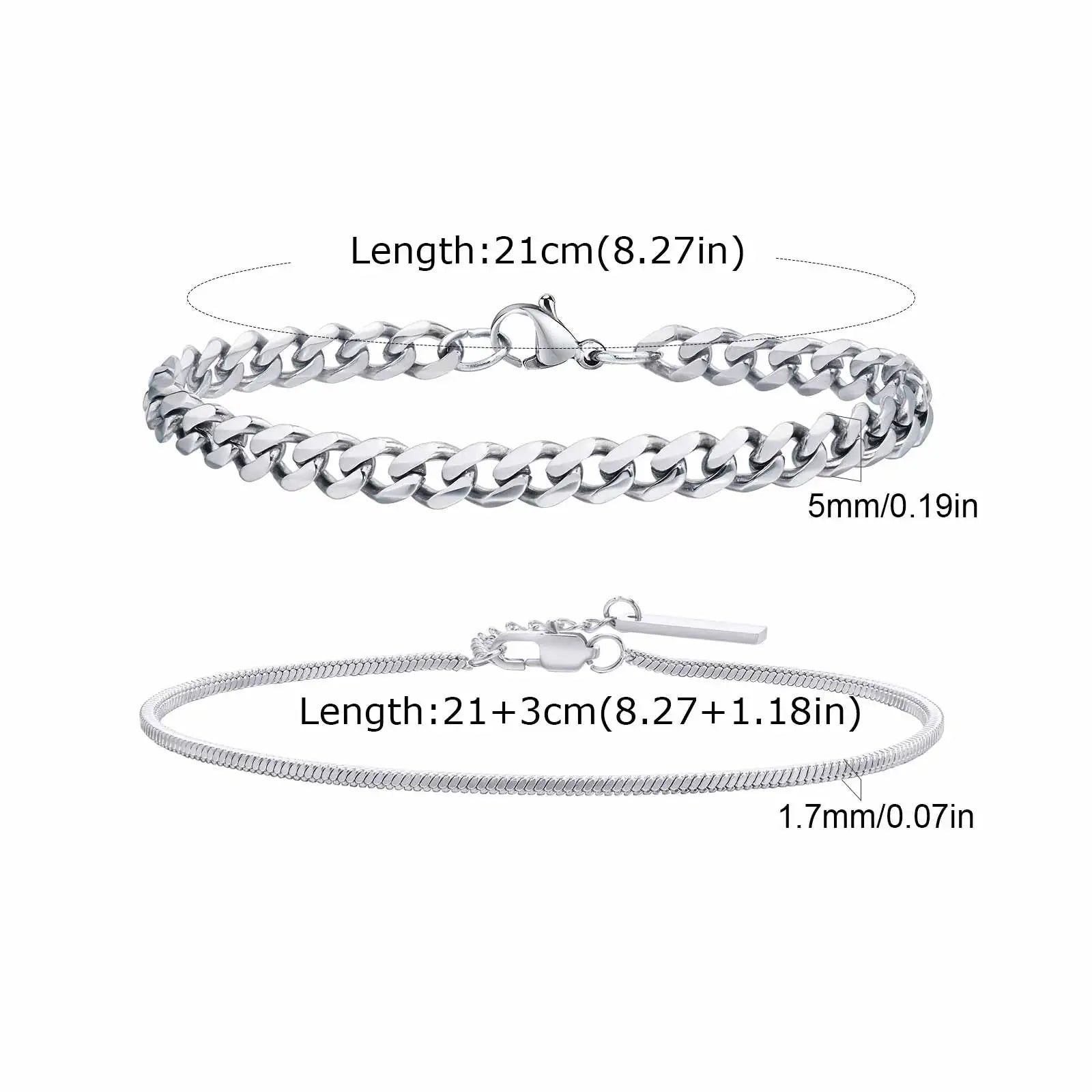 Vnox 2pcs/Set Cuban Figaro Rope Snake Chain Bracelet Set for Men Boys, Gold Black Silver Color Stainless Steel Wristband Jewelry
