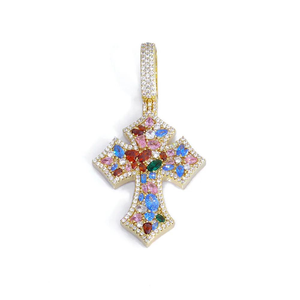 Cross Pendant Necklace Iced Out Colorful CZ