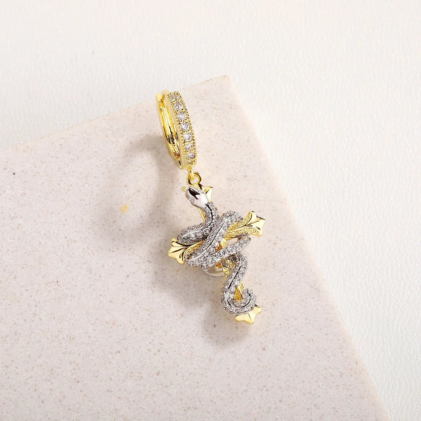 Iced Out Cross Snake Dangle Hoop Earrings