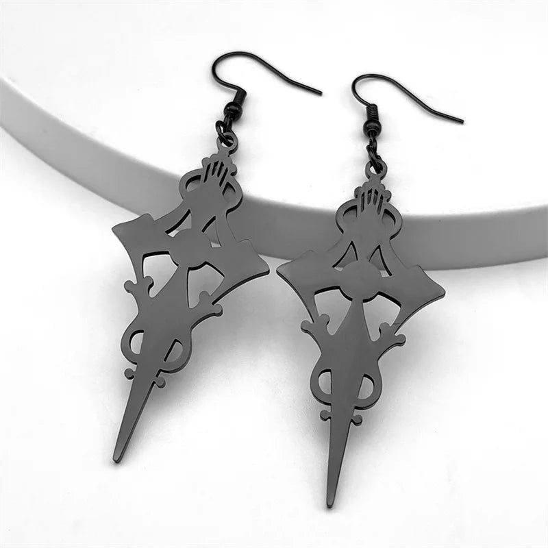 Gothic Cross Steel Earrings Satan Witch Big Hoop