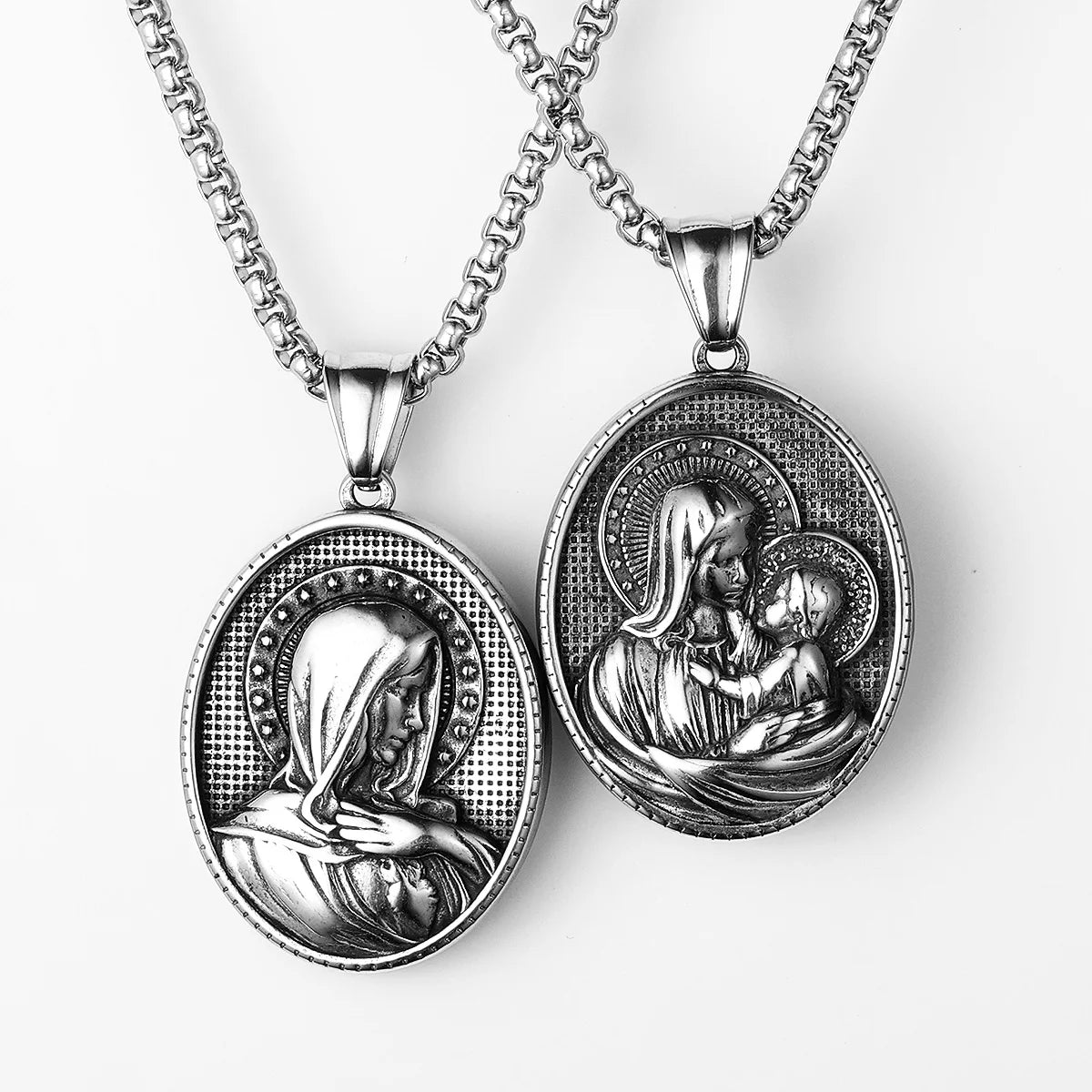 Virgin Mary Pendant Necklace Stainless Steel Vintage