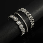 3pcs Men Women Stylish Bracelet Set Silver Cuban Chain+Tennis Chain+Sugar Chain Light Luxury Iced Out Hip-hop Punk Jewelry Gift