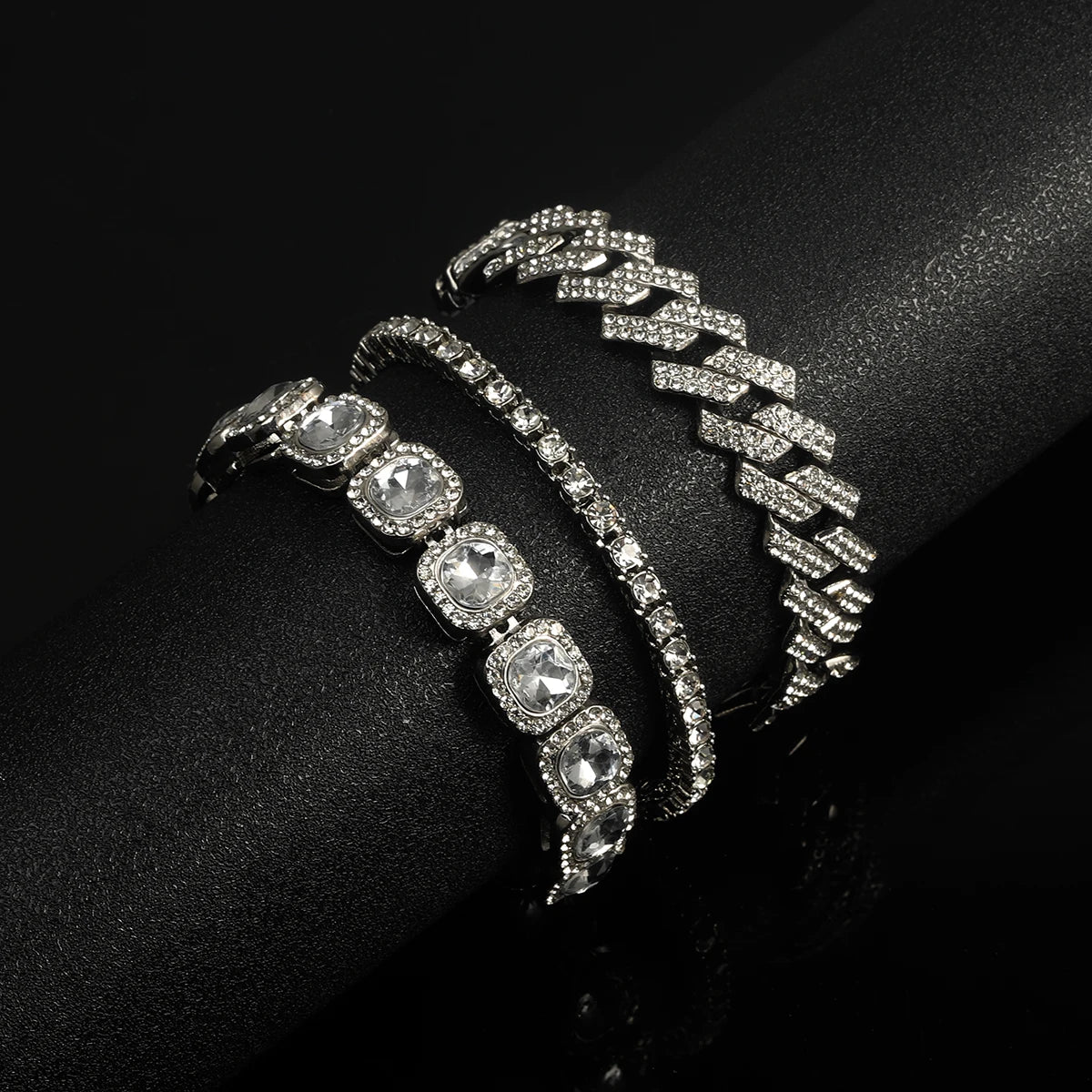3pcs Men Women Stylish Bracelet Set Silver Cuban Chain+Tennis Chain+Sugar Chain Light Luxury Iced Out Hip-hop Punk Jewelry Gift