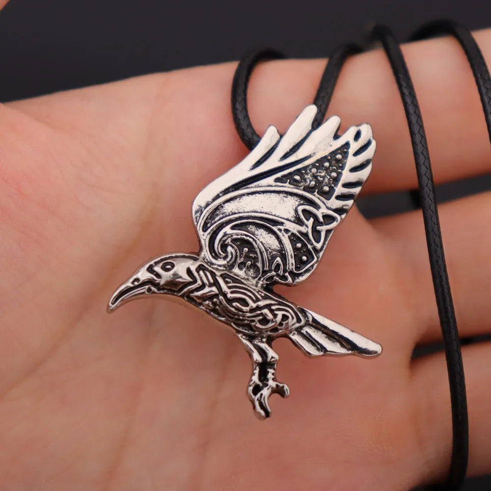 Vintage Nordic Viking Crow Totem Pendant Necklace for Men