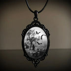 Gothic Crow Black Forest Charm Necklace Fashion Witch Jewelry Gift Pagan Cross Black Cat Skull Glass Pendant Necklace