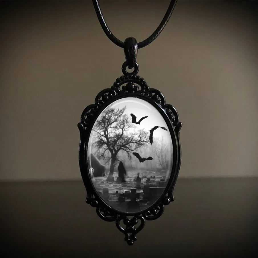 Gothic Crow Black Forest Charm Necklace Fashion Witch Jewelry Gift Pagan Cross Black Cat Skull Glass Pendant Necklace