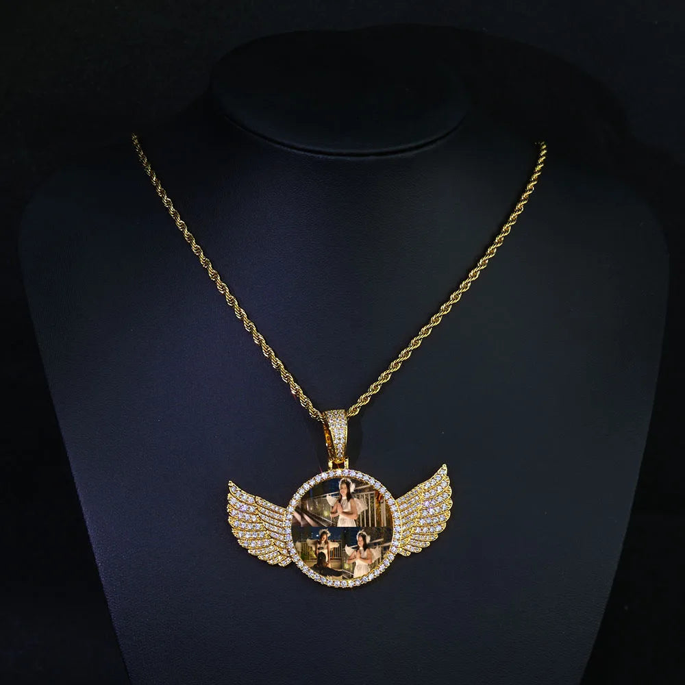 HHIOK Customized Necklaces Circle Chain Picture Personalized Diamond Memory Pendant with Photo Wing Design Gift for Men