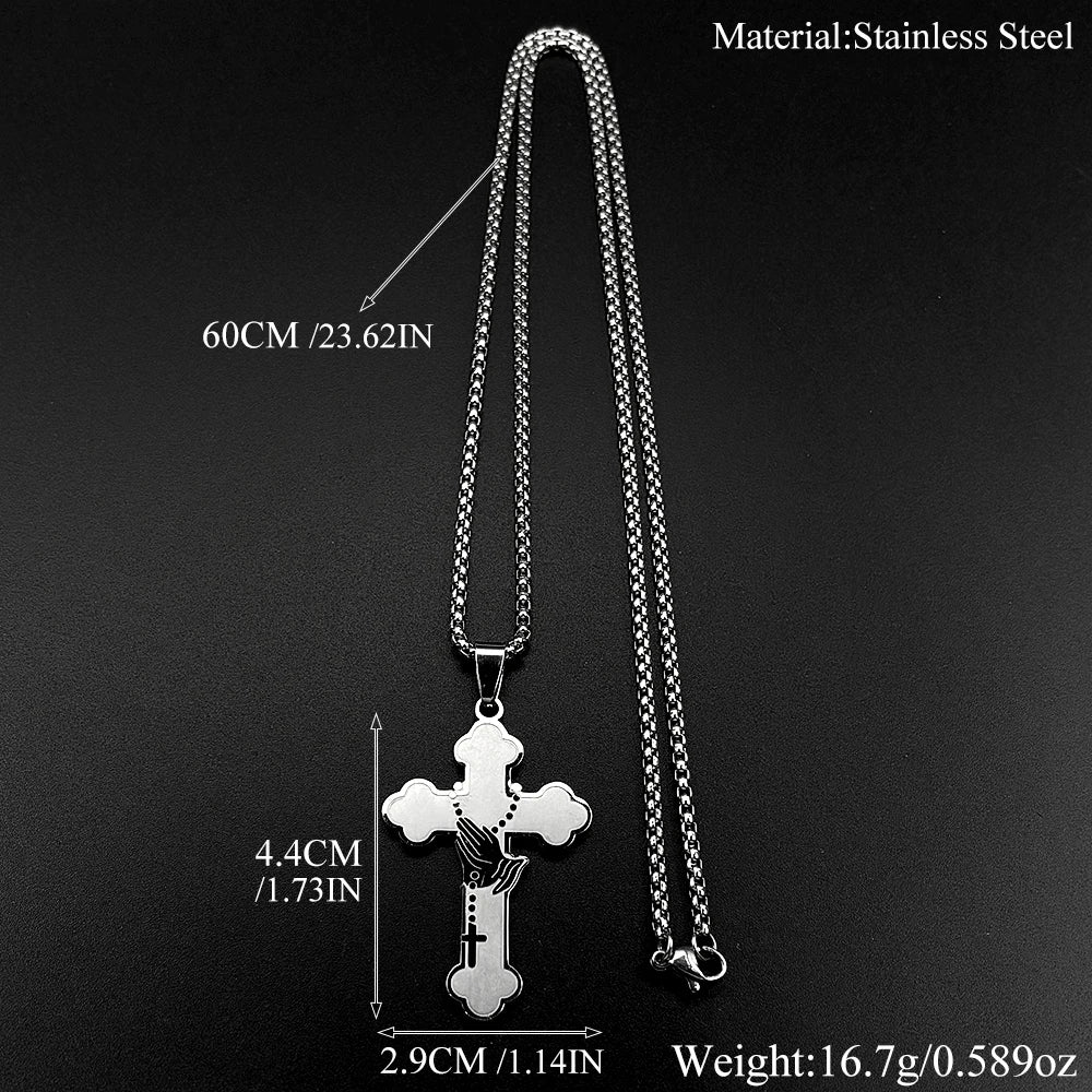 Jesus Cross Praying Hand Stainless Steel Pendant Necklace for Women Men Gold Color Catholic Faith Rosary Box Chain