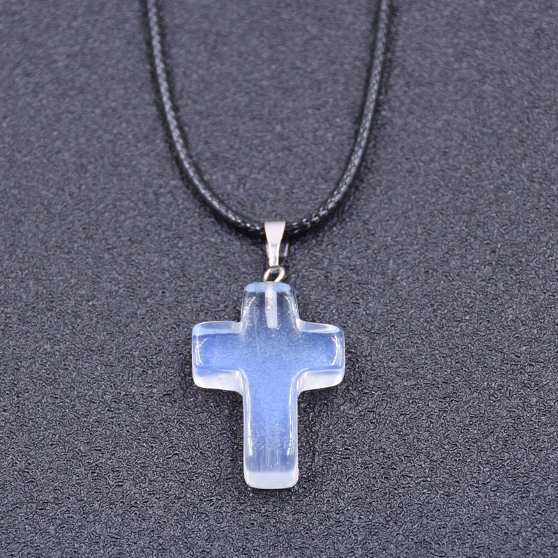 Tiny Natural Stone Turquoise Opal Cross Pendant Necklace With Stones Women Leahter Chain Choker Female Jewelry Party Girls Gift