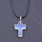 Tiny Natural Stone Turquoise Opal Cross Pendant Necklace With Stones Women Leahter Chain Choker Female Jewelry Party Girls Gift