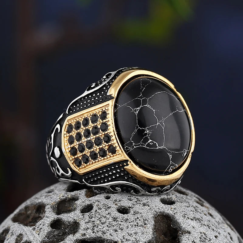 Vintage Gothic Style Black Stone Ring 316L Stainless Steel Craved Ring Men and Women Fashion Biker Jewelry Gift