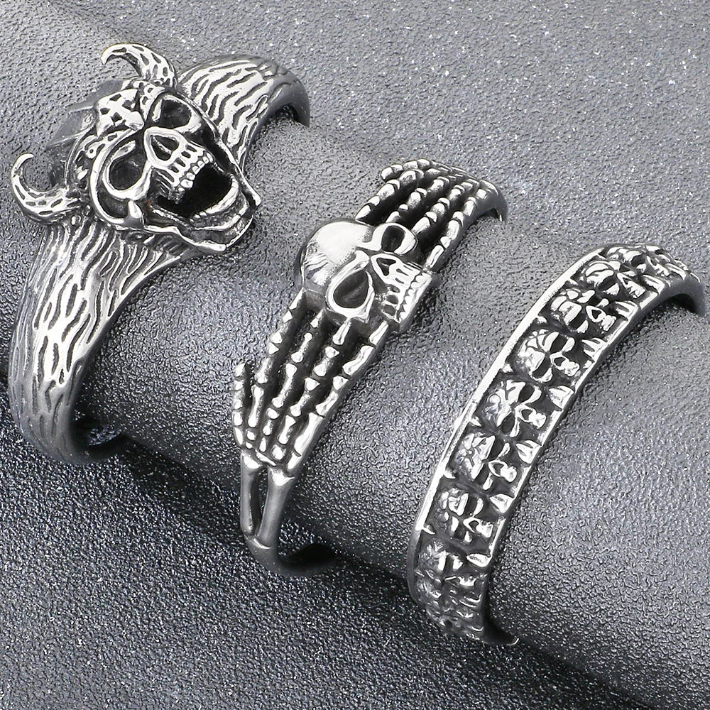 Cool Gothic Viking Skull Head Bracelet for Men Solid Stainless Steel Bangle Bracelets Opening Cuff Punk Rock Jewelry