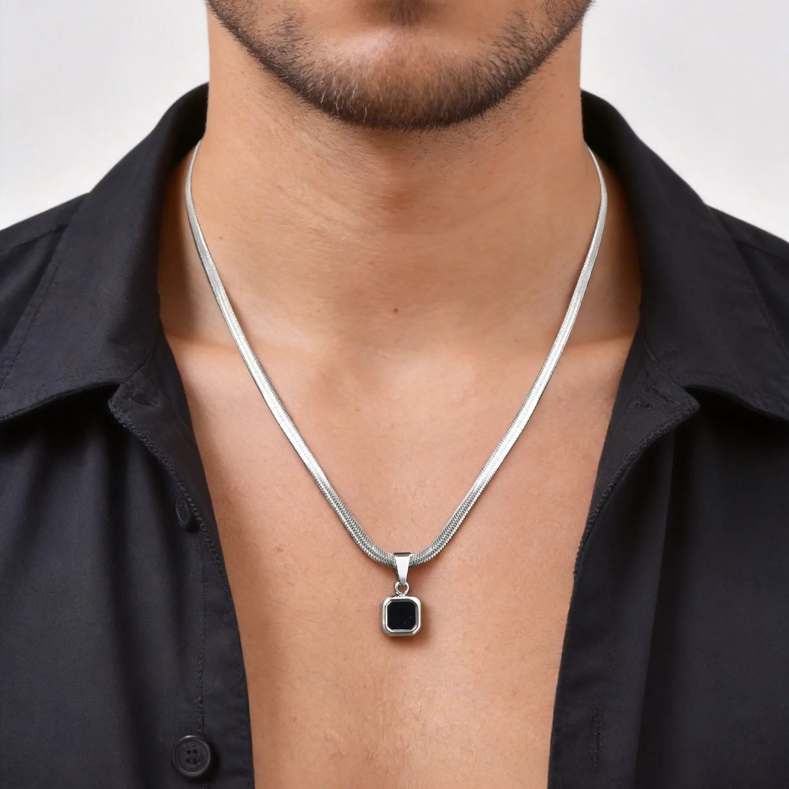 Vnox Geometric Square Natural Stone Pendant Necklace for Men, Gold Silver Color Stainless Steel Blade Chain, Trendy