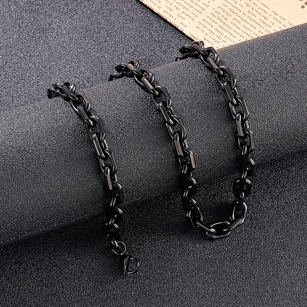 8mm Black Link Chain Necklace Bracelet For Men Stainless Steel Jewelry Gift Set