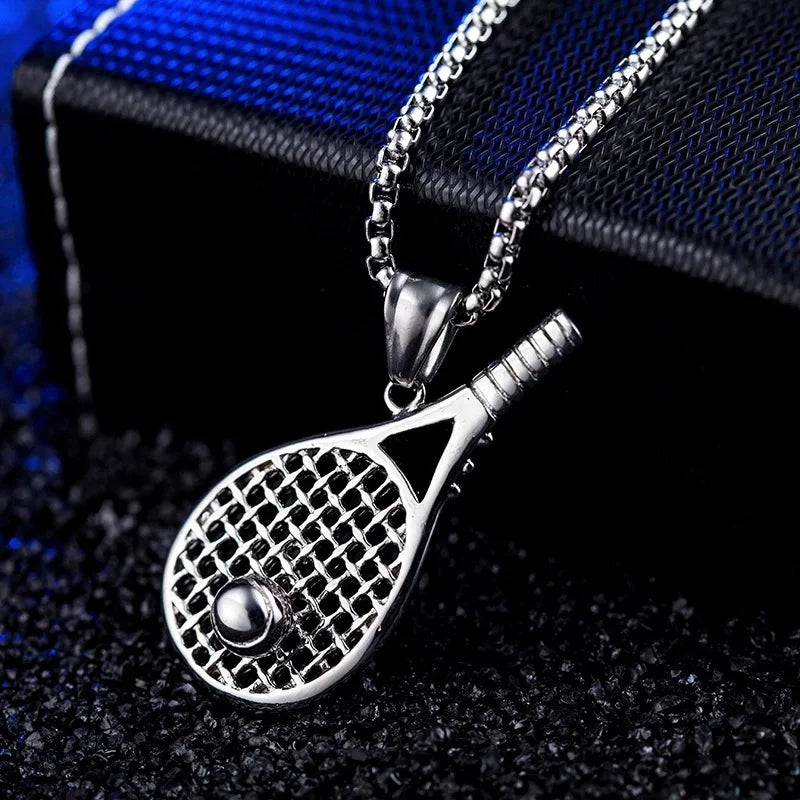 Silver Tennis Racket Pendant Necklace Stainless Steel