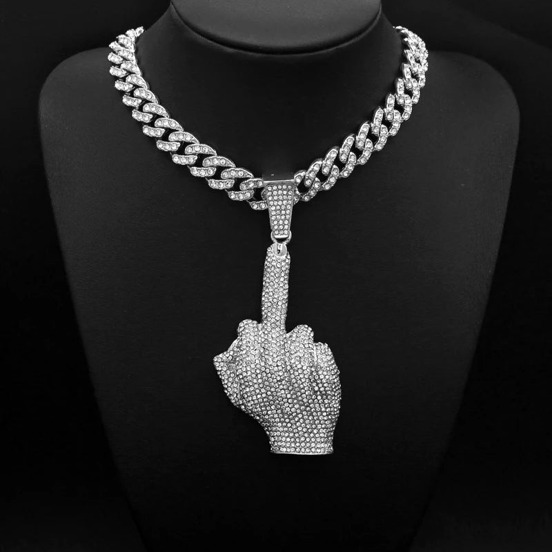 Hip Hop Big Polite Gesture Middle Finger Pendant Necklace with 11mm Crystal Cuban Chain HipHop Iced Out Necklaces Men