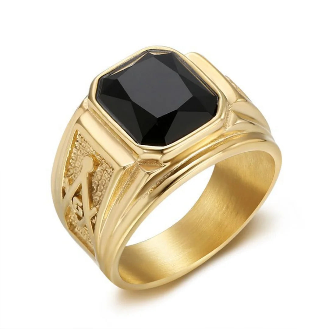 Hip Hop Mystic Masonic Symbol Shiny Black Crystal Ring Gold Color Stainless Steel  Freemasonry Rings for Women Men Jewelry Gift