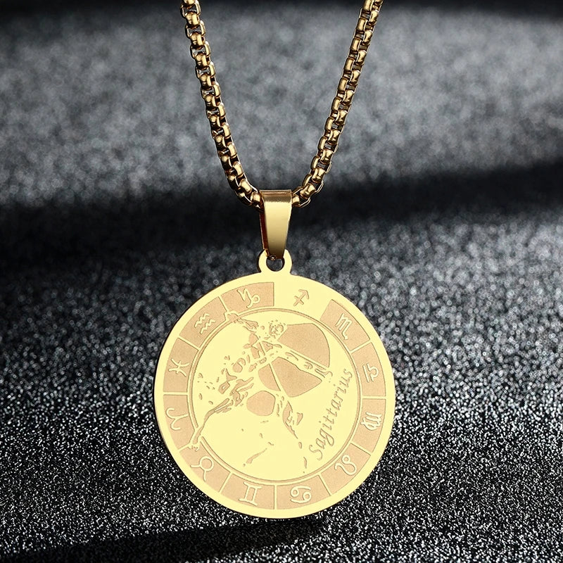 Stainless Steel Zodiac Sign Necklace For Women Men 12 Constellation Libra Symbol Pendant Necklace Amulet Collar Men Jewelry Gift