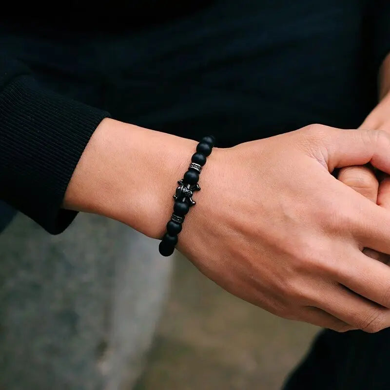 Noter Hiphop Men Bracelet Beaded 8mm Onyx Stone Braclet Wolf Lion Animal Braslet Punk Jewelry Pirate Skull Brazalete