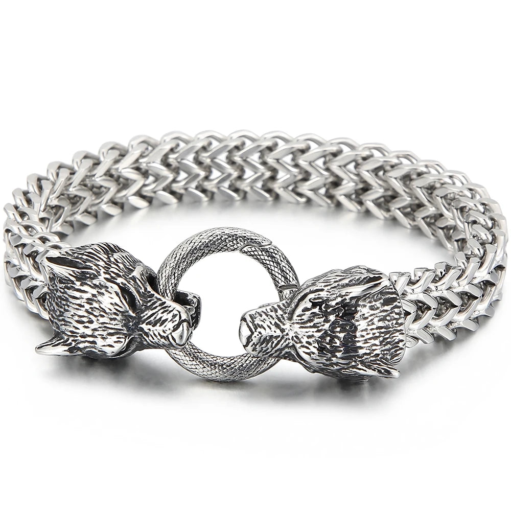 Viking Wolf Head Bracelet for Man With Square Franco Link Chain Stainless Steel Men's Bracelets Masculine Norse