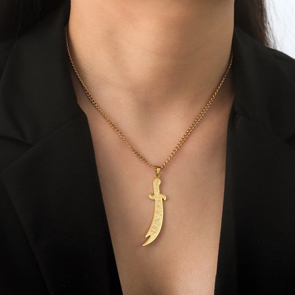 EUEAVAN 1pc Islamic Imam Ali Zulfiqar Sword Stainless Steel Pendant for Necklace Muslim Arabic Calligraphy Jewelry Making Gifts