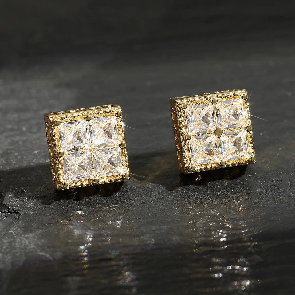 Iced Out Square Stud Earrings for Men — Gold-Tone Piercing Studs