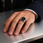 Simple Retro Black Cubic Glass Signet Ring for Men, Geometric Square Stainless Steel Ring, Fashion Punk Finger Jewelry size 7-12