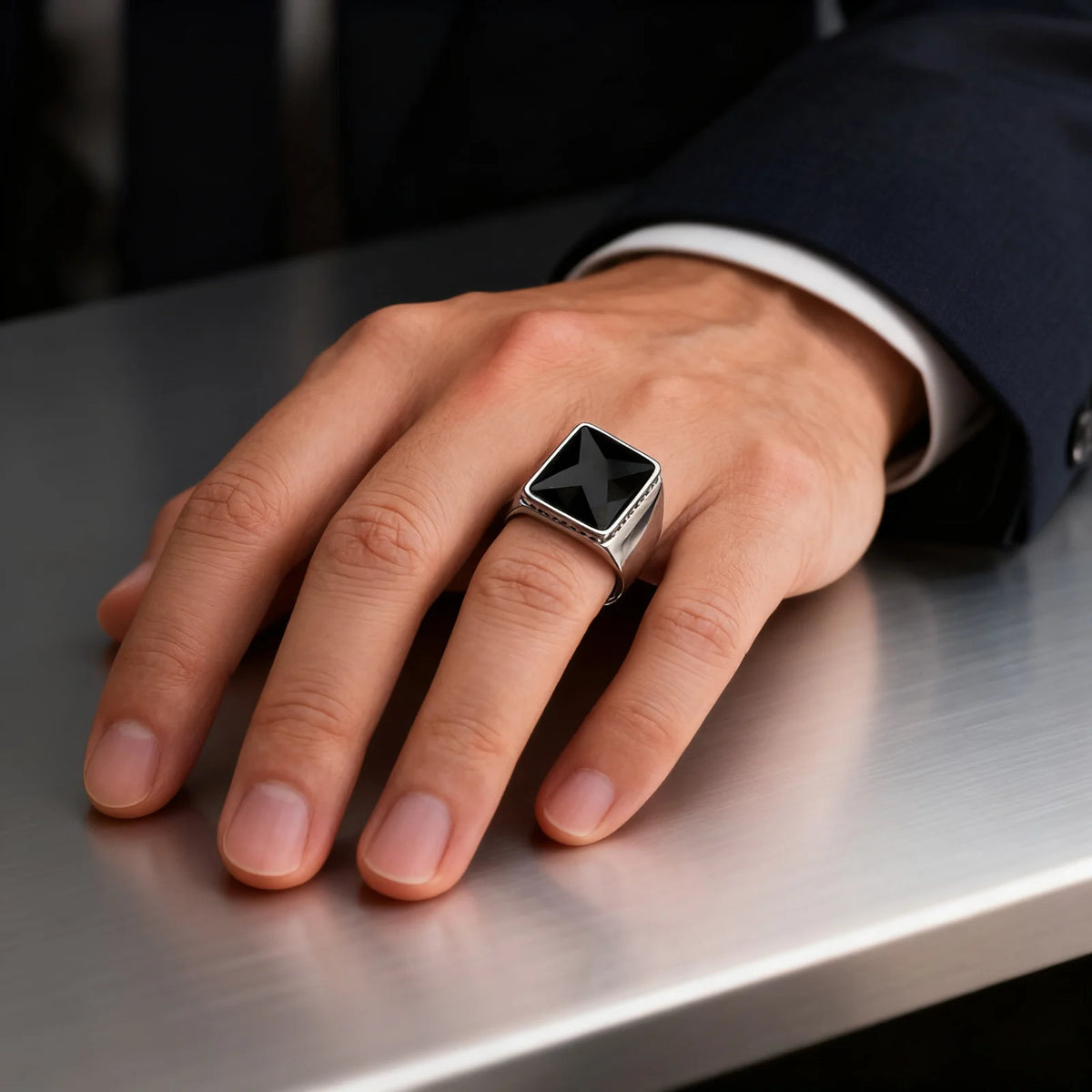 Simple Retro Black Cubic Glass Signet Ring for Men, Geometric Square Stainless Steel Ring, Fashion Punk Finger Jewelry size 7-12