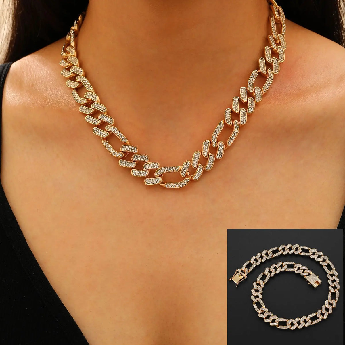 Full Crystal Cross Pendant Cuban Chain Necklace — Two-Tone