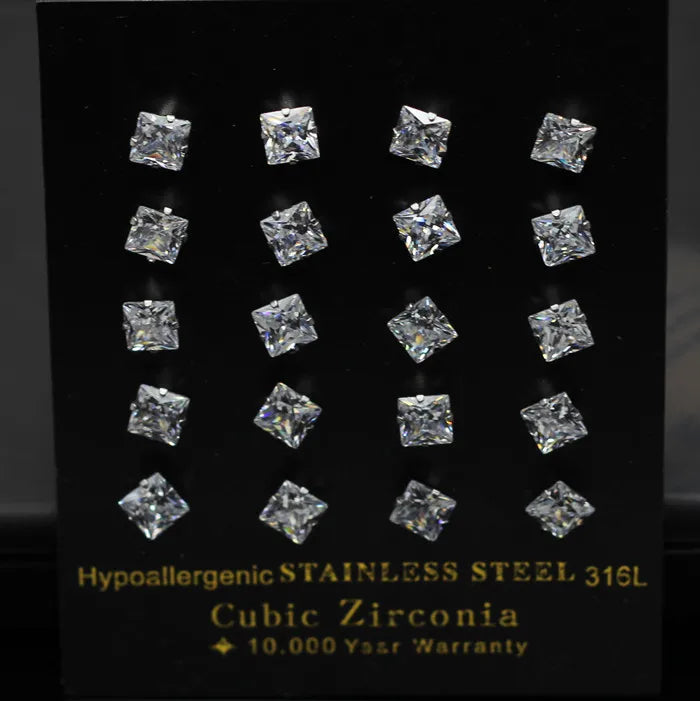 LUXUKISSKIDS Brilliant Square Stud Earrings 10pairs/Lot Novel Clearly Large 3A Cubic Zirconia Stainless Steel Wholesale