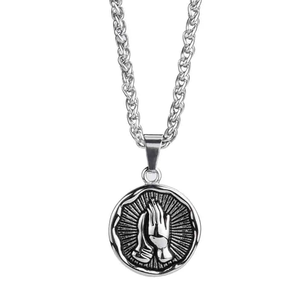 Stainless Steel Serenity Prayer Cross Pendant Religious Necklace Praying Hands Coin Medal For Him