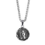 Stainless Steel Serenity Prayer Cross Pendant Religious Necklace Praying Hands Coin Medal For Him
