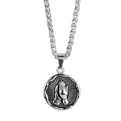 Stainless Steel Serenity Prayer Cross Pendant Religious Necklace Praying Hands Coin Medal For Him
