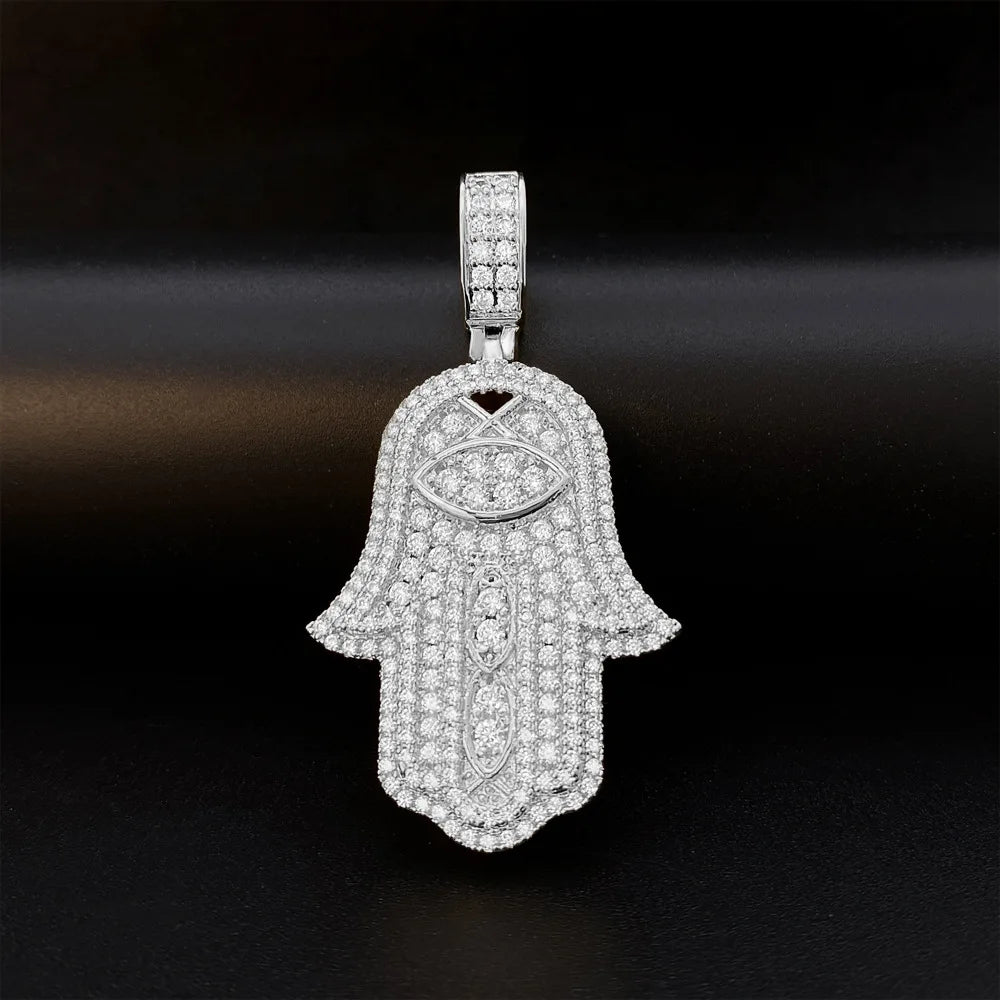 Iced Out Hamsa Fatima Pendant Necklace — Gold-Tone