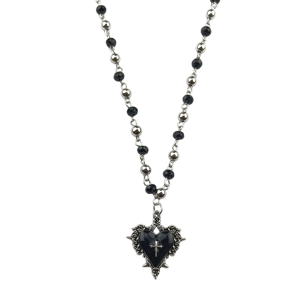 Gothic Bat Cross Rosary Necklace for Women Fashion Mystery Witch Jewelry Accessories Gift Silver Color Bat Charm Vampire Choker