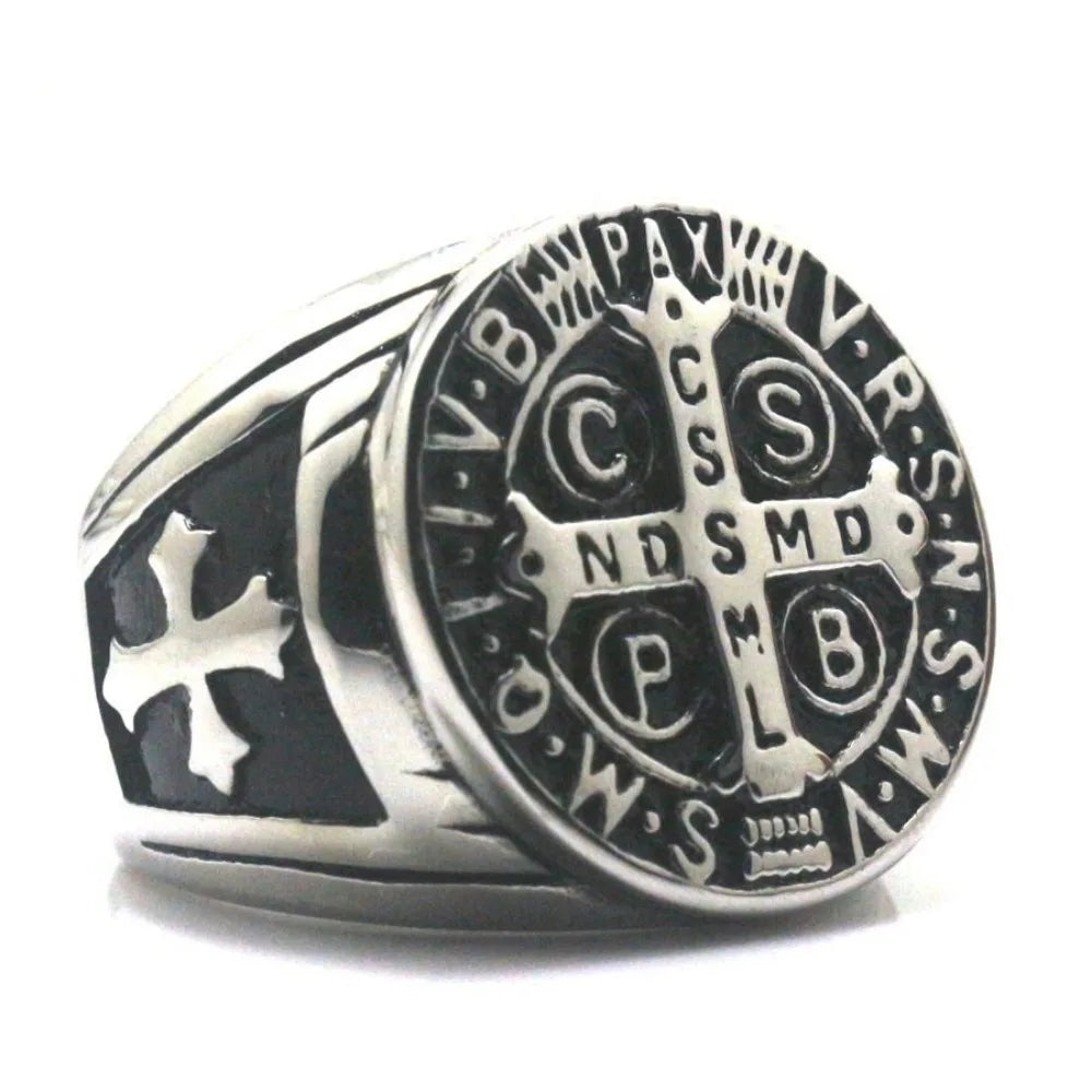 New Vintage Religious St. Benedict's Cross Ring Catholic Exorcism Church Men's Punk Niche Party Trend Metal Ring